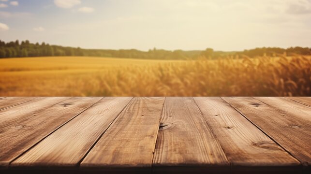 The top of the empty, brown wooden table with a blurry background of a barn and farm. ebullient picture