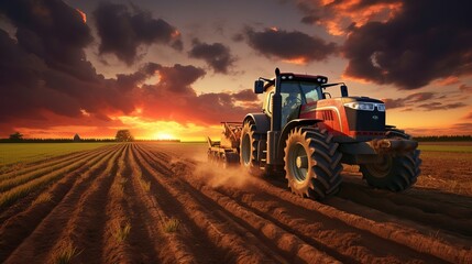 Large field is traversed by tractor, which creates special beds for planting seeds into decontaminated soil. At dusk, an agricultural vehicle is at work in the countryside.