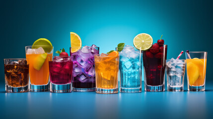 Set of various contemporary classic alcohol cocktails in different glasses placed on table
