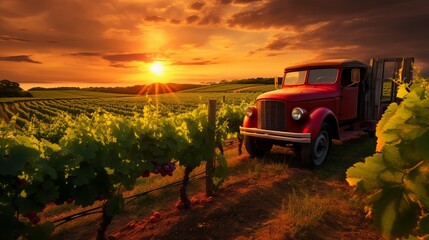 Sunset scene with a red tractor and vines in the field