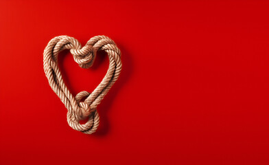 Creative concept composition. Brown rope in heart shape knot on red background. Love valentine. copy text space banner	
