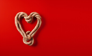 Obraz premium Creative concept composition. Brown rope in heart shape knot on red background. Love valentine. copy text space banner 