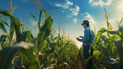 In an agricultural corn field, an agronomist uses technology