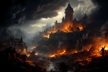 burning medieval city. stone building fire. ai generated
