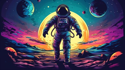 Astronaut in the background of stars and planets in outer space. illustration