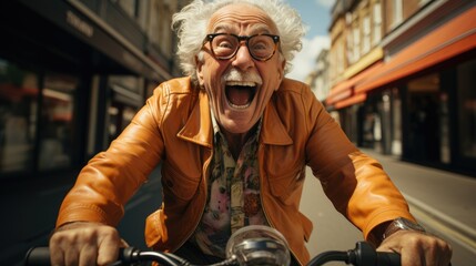 Energetic joyful and smiling elderly man riding bicycle. Generative AI - obrazy, fototapety, plakaty