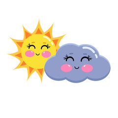 Cartoon smiling funny sun and cloud. Kawaii joyful cute weather illustration elements for kids