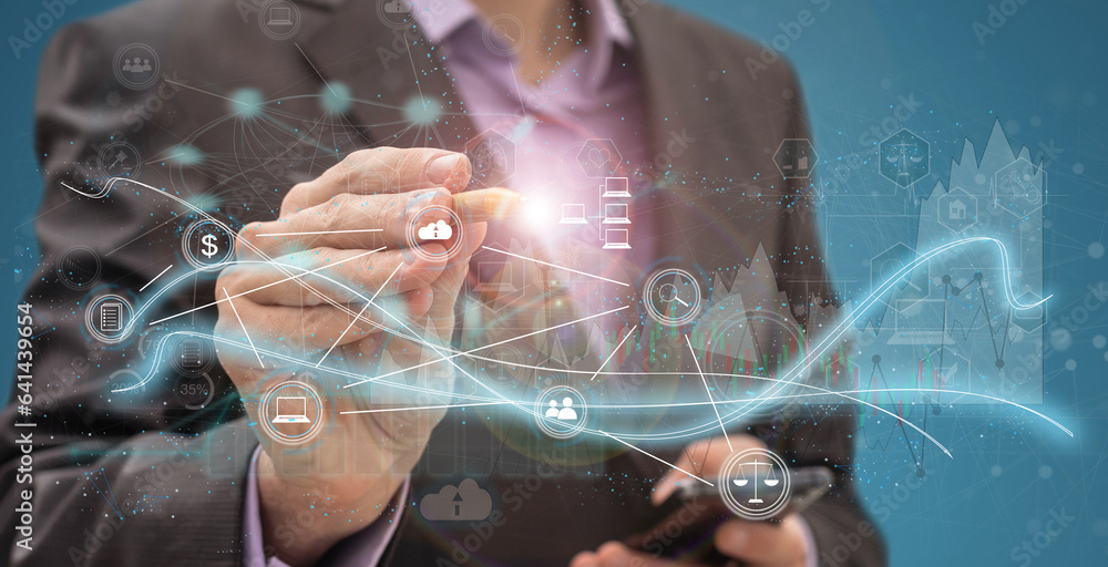Poster businessman on blurred background using tech devices and icons thin line interface