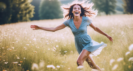 immagine di giovane donna che corre felice in un campo fiorito, luce diurna, giornata estiva