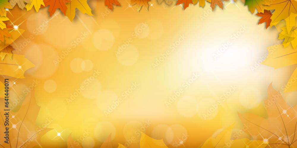 Poster autumn background,fall or maple leaves border frame with bokeh nature light on orange background,fal
