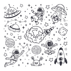 set of cosmos in doodle style: astronaut, planets, stars, ufo, rocket and alien, monster for design. Science space exploration. Vector illustration