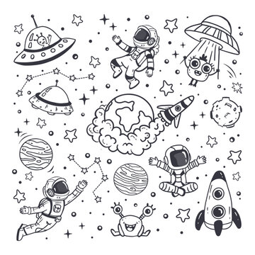 set of cosmos in doodle style: astronaut, planets, stars, ufo, rocket and alien, monster for design. Science space exploration. Vector illustration