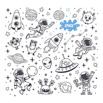 set of cosmos in doodle style: astronaut, planets, stars, rocket and alien, monster for design. Science space exploration. Vector illustration
