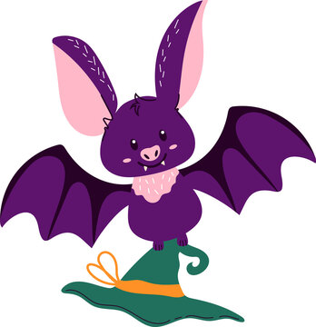Cute handdrawn smiling little bat holding witch's hat