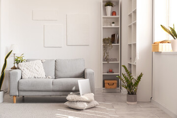 Interior of light living room with grey sofa, houseplants and shelving unit