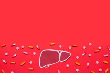 Paper liver with pills on red background