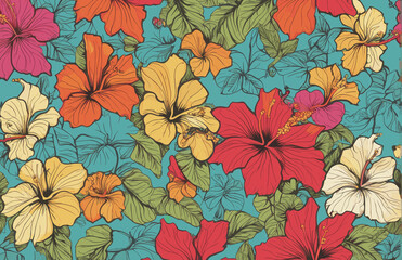 Fototapeta na wymiar a blue background with pink and yellow flowers, a silk screen maximalism, wallpaper, repeating pattern, made of flower
