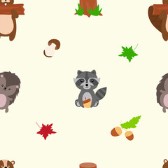 Seamless forest pattern with cute forest animals - illustrations of fox, deer, hedgehog, hedgehog, squirrel, bear