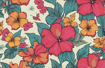 a blue background with pink and yellow flowers, a silk screen maximalism, wallpaper, repeating pattern, made of flower