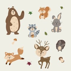 Cute forest animals in cartoon style. Nature forest. 
Bear, fox, squirrel, hedgehog, hare, raccoon. Vector illustration
