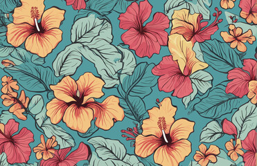 a blue background with pink and yellow flowers, a silk screen maximalism, wallpaper, repeating pattern, made of flower