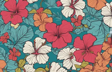 Wandcirkels aluminium a blue background with pink and yellow flowers, a silk screen maximalism, wallpaper, repeating pattern, made of flower © Freya