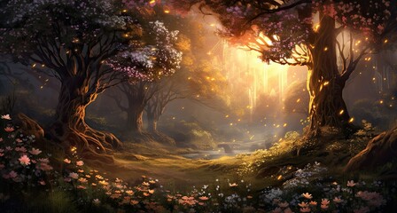 Forest scenery with a lake, fantasy forest, abstract illustration