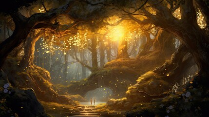 People standing in an epic fantasy forest, forest scenery, illustration