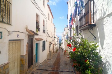 Fototapeta na wymiar Typical alley in an old Andalusian mountain village with white houses and a view of the landscape, tourism, Estepona, Andalusia, Malaga, Spain
