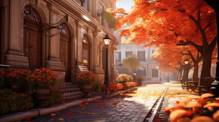 In autumn, European streets come alive with decorative red-hued flowers on decorative columns. The cinematic atmosphere, shrouded in transparent air and pink haze, gives the scene a touch of magic.