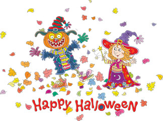 Fototapeta premium Halloween card with a happy little witch waving her magic wand and a funny scarecrow dancing among colorful autumn leaves swirling around, vector cartoon illustration on white