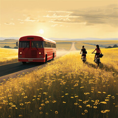 The bus rides along the road among the fields and two people on bicycles ride nearby. High quality illustration