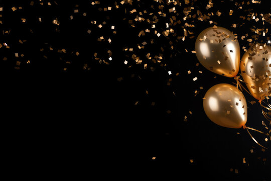 Gold balloons with gold confetti falling down over black background. Festival and joyful mood. Christmas, New Year, birthday or wedding celebration.