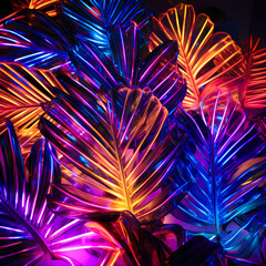 Fototapeta premium Summer neon background, cyber purple, vivid colors of lights on palm leaves. Cyberpunk tropical exotic flat lay background.