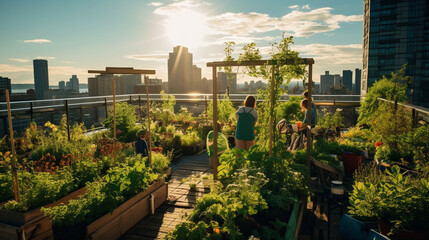 view from the top of the city in an urban rooftop garden