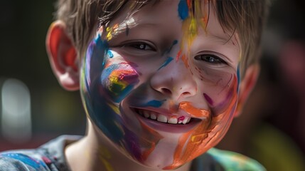 Portrait of a little boy with a face painted in colorful paints