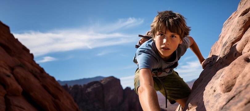 A purposeful guy with a tourist backpack climbs a mountain. The concept of achieving the goal.
