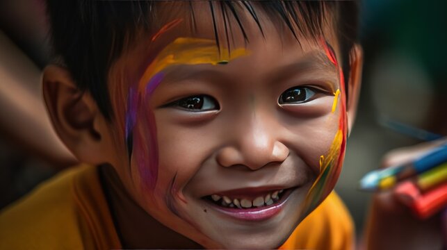 Portrait of happy asian kid with colorful paint on face.