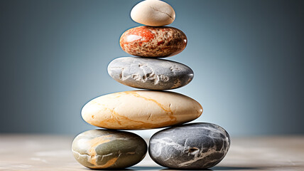 Meditation, relaxation. A pyramid of several flat river stones lying on top of each other. Generative AI technology.