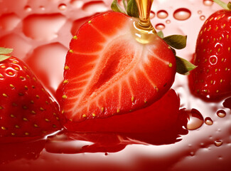 close up of a strawberry being poured with liquid over it, strawberries with honey, three ripe strawberries, background