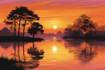 Fototapeta na wymiar beautiful sunset over the lakebeautiful sunset over the lakeillustration of beautiful sunset with re