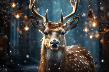 fairy reindeer in snow ,christmas lights background - obrazy, fototapety, plakaty
