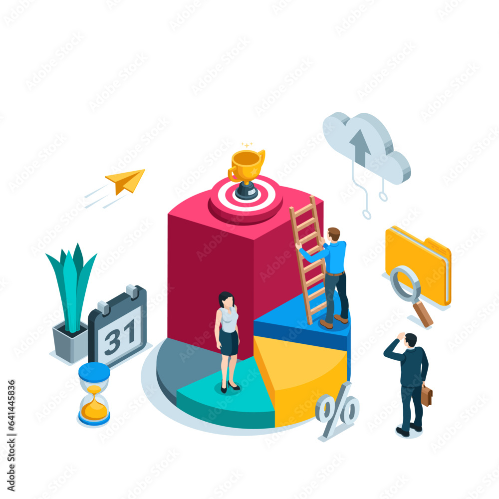 Poster isometric people on a pie chart in color on a white background, achieving business success or teamwo