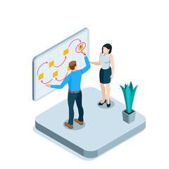 isometric man on a blackboard drawing a plan in color on a white background, teamwork or discussion of development strategy