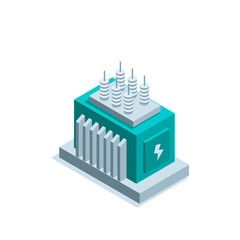 isometric transformer box in color on a white background, electrical equipment or electricity networks and clean energy