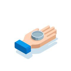 isometric hand with a coin in color on a white background, payment or donation