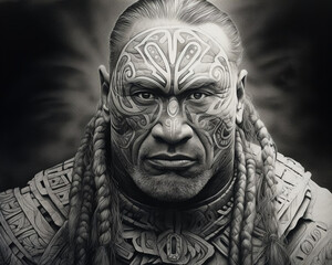 portrait of a person, a pencil drawing, american warrior, maori art, dramatic black and white portraits