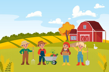 Obraz na płótnie Canvas Children Harvesting at the farm. Harvesting, farm market festival concept. Vector illustration in cute flat style
