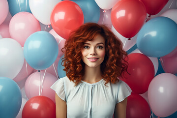 Fototapeta na wymiar Celebration, festive and lifestyles concept. Studio portrait of happy and smiling woman with colorful balloons in background. Generative AI