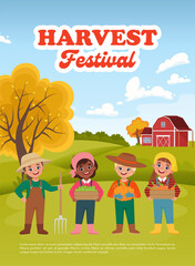 Harvest Festival Poster. Cute Children with harvested vegetables and fruit. Farm or field landscape. Vector illustration in flat style